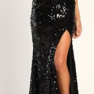 Lulu's Black& Silver Sequin Maxi Dress with High Thigh Slit
